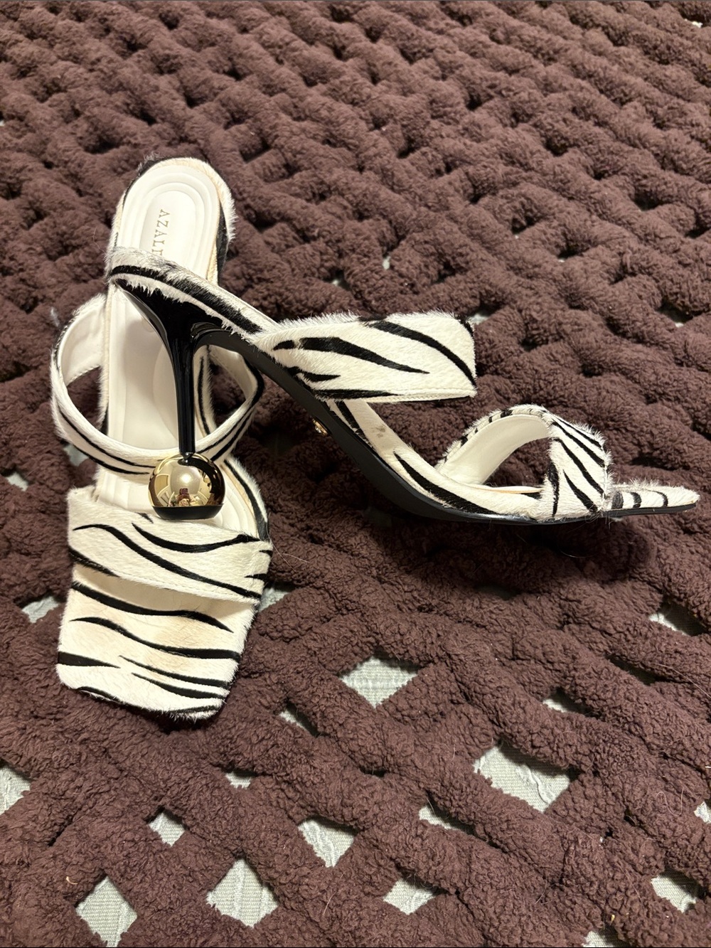 AZALEA White Zebra-Print High Heel Sandals with Gold Accent